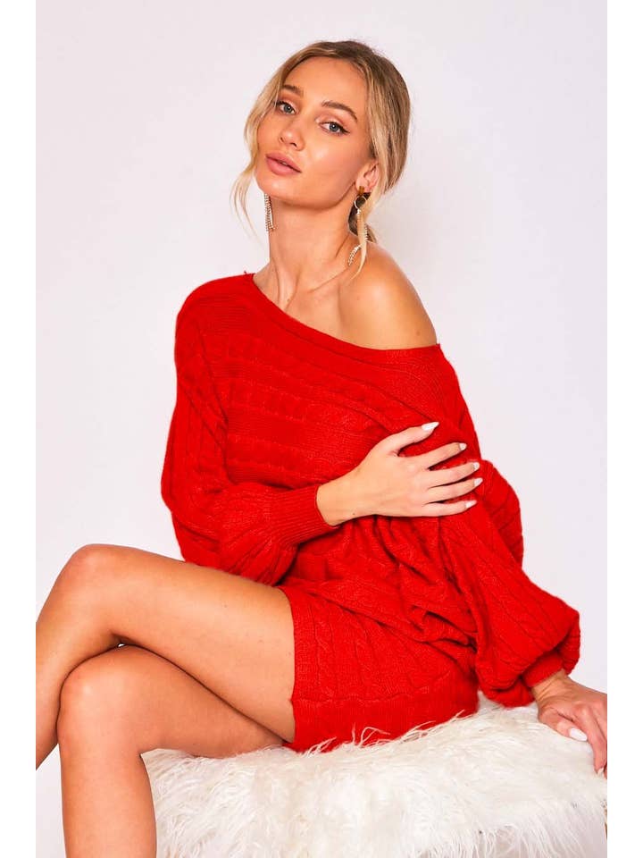 Vine & Love - Wholesale Dress - Women's - Horizontal Cable Dolman Knitted Mini Dress VD31801-9