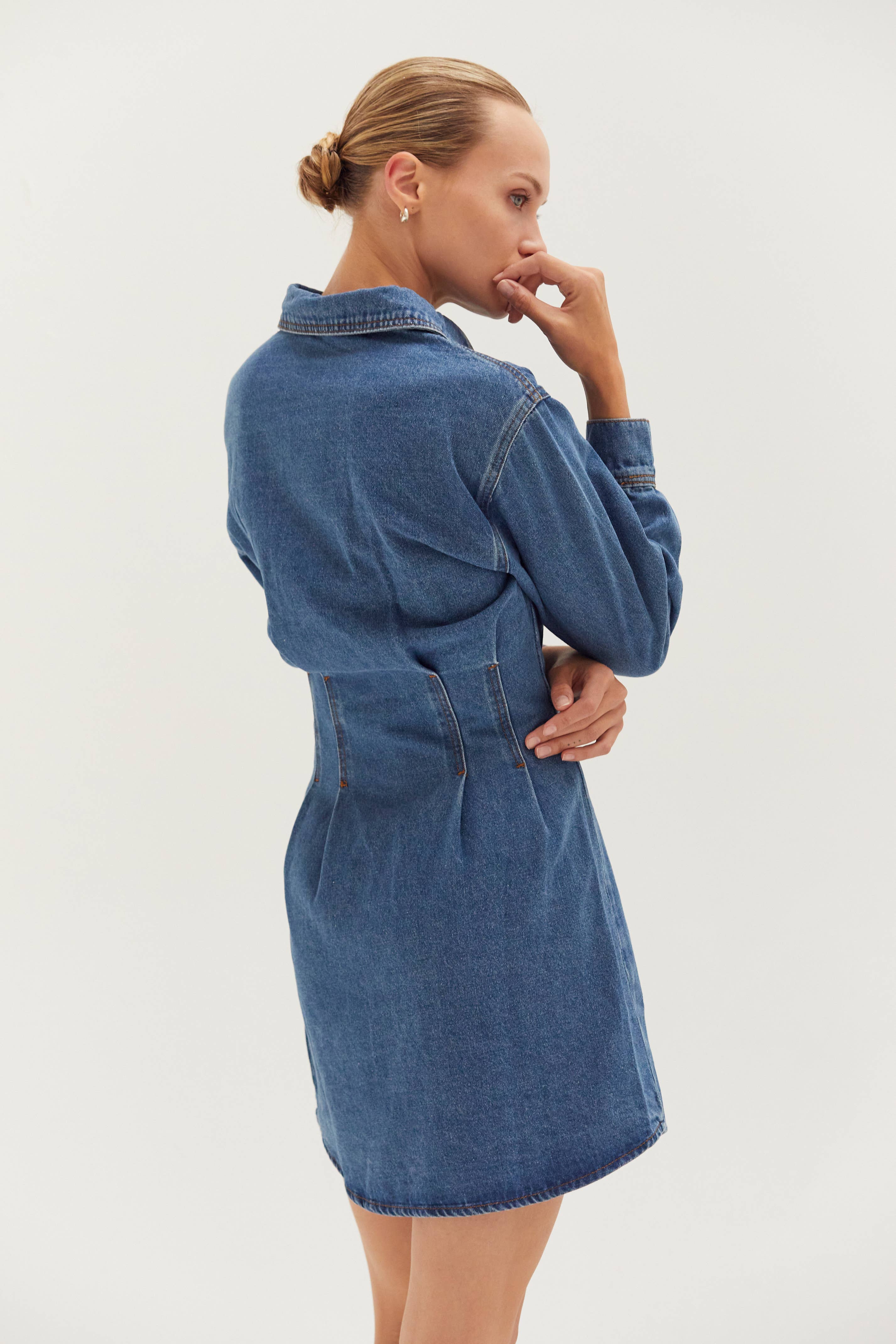 BLEU DENIM CD8796 - Robe Mini en Jean Zae avec Détail de Taille Corset en vente sur Faire4