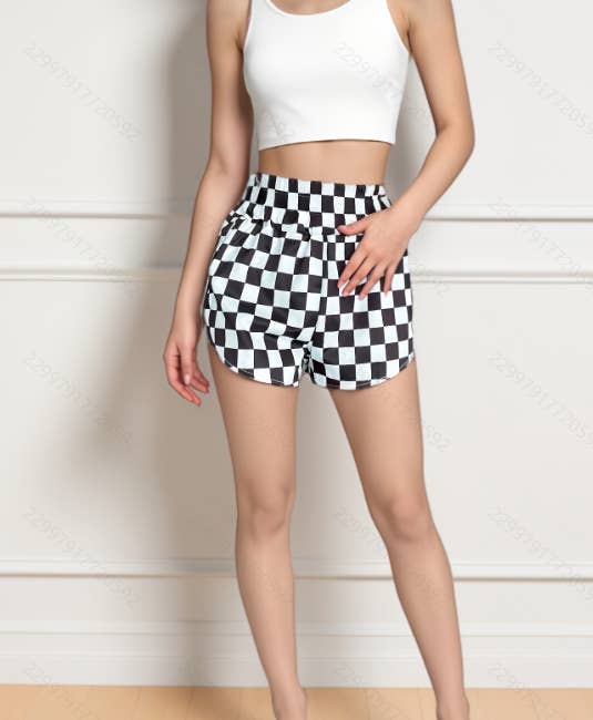 Black classic checkered high rise waistband shorts for wholesale on Faire3