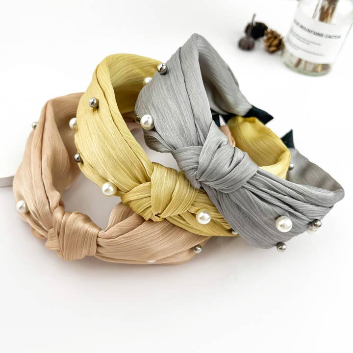 Sweet Solid Fabric Pearl Knotted Wide Headband for wholesale by mildstyles