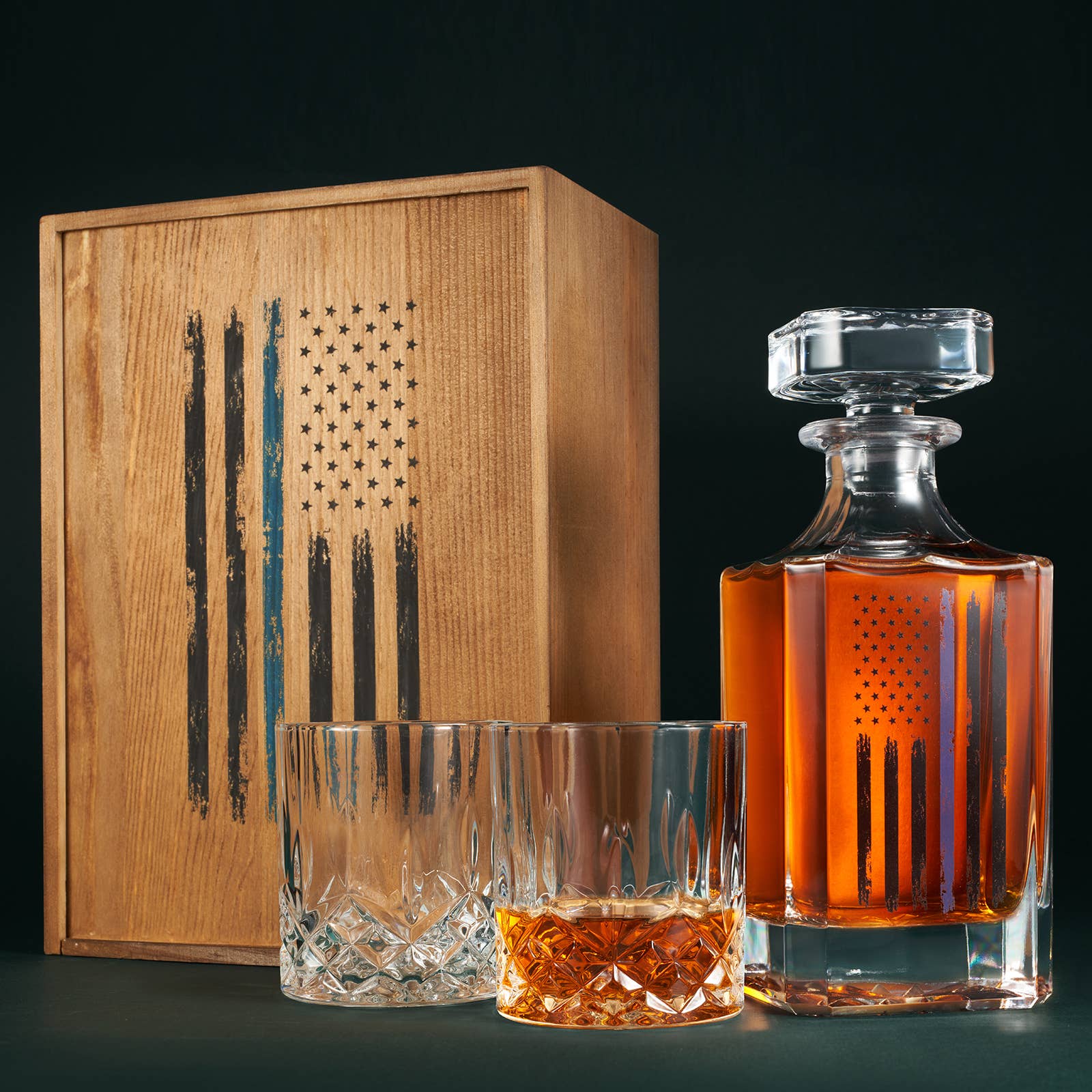 The Wine Savant /  Khen Glassware - Wholesale Decanter - Police Tactical Blue Tattered American Flag Whiskey Gift Set5