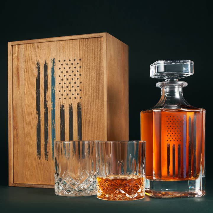 The Wine Savant / Khen Glassware - Wholesale Decanter - Police Tactical Blue Tattered American Flag Whiskey Gift Set5
