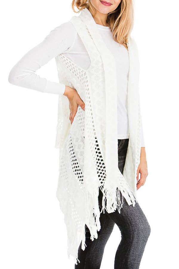 Cap Zone - Vendita all'ingrosso Gilè imbottito - Donna - Gilet lungo cardigan lavorato a maglia con frange lavorate all'uncinetto3