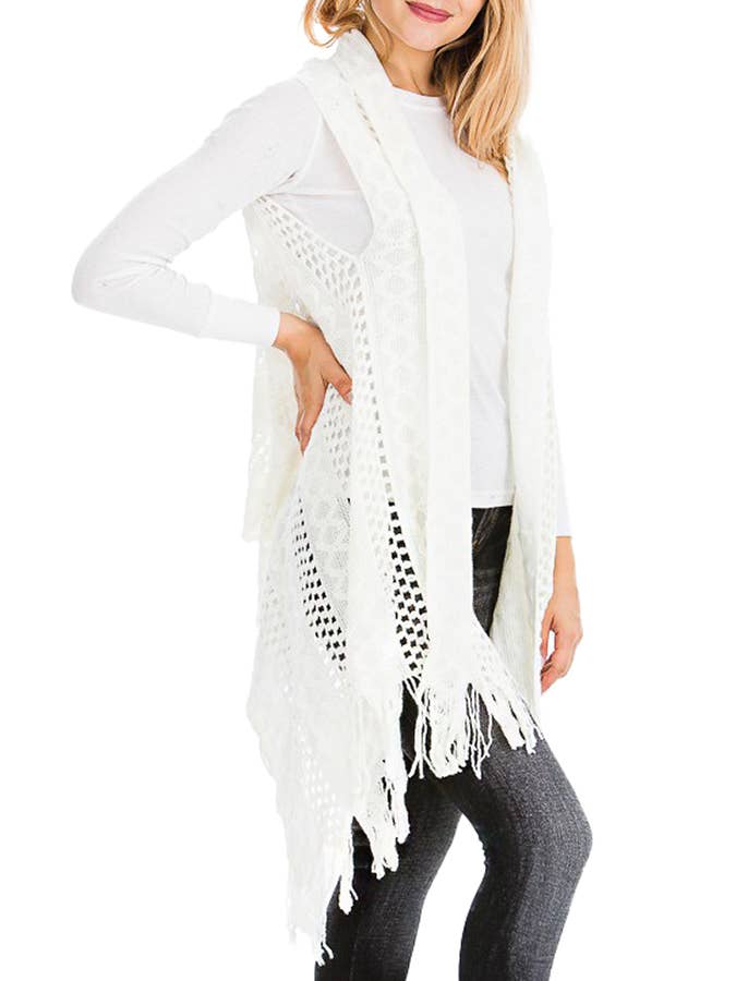 Cap Zone – Colete - Mulher por atacado – Cabo Crochet malha franja guarnição Cardigan Long Vest16