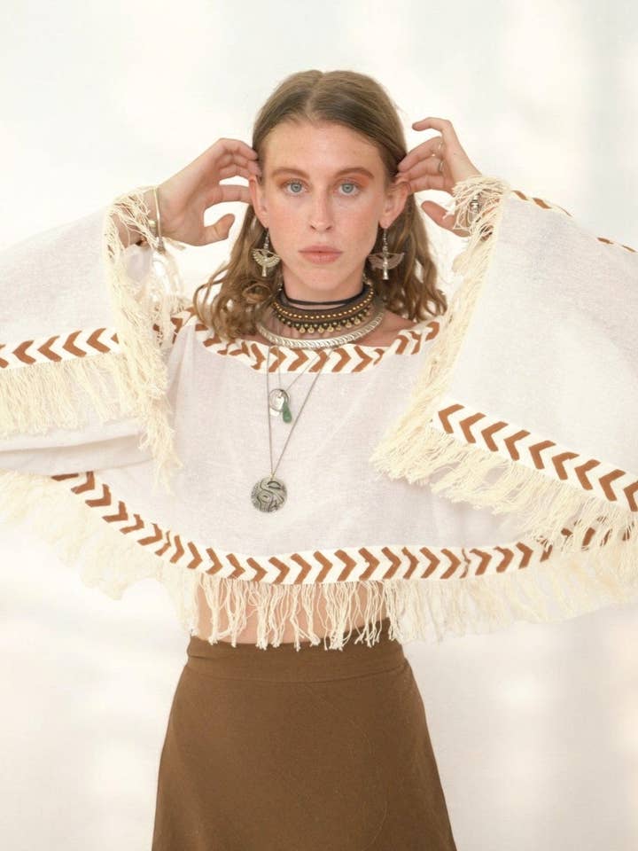 Sacred Ceremony - Wholesale Blouse - Women's - White Long Sleeve Crop Top with Fringe0