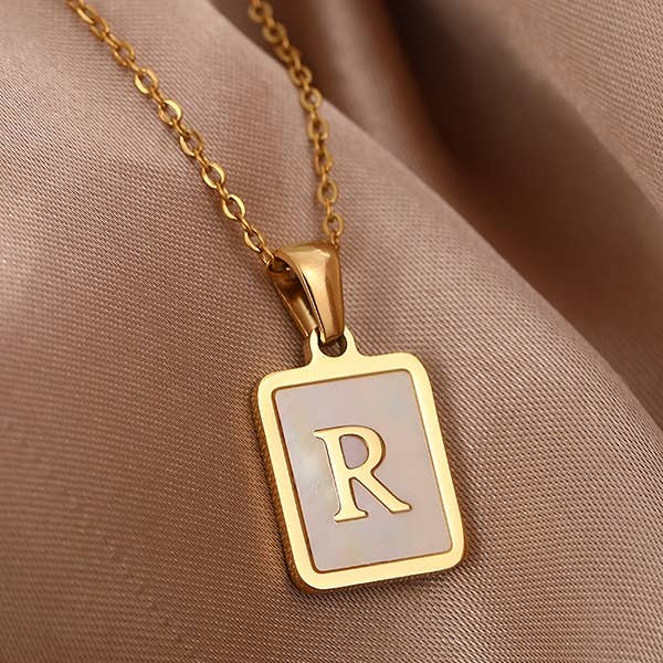 JOSSLYN by wall to wall - Wholesale Pendant/Charm Necklace - MOP INITIAL STAINLESS STEEL TARNISH FREE NECKLACE | 40NK31418