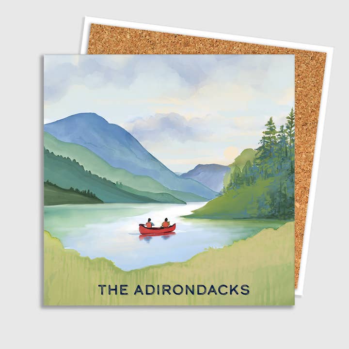 Carreau d'art en céramique et dessous de verre avec liège "Canoë Rouge Adirondack" pour la vente par Lake Town Love