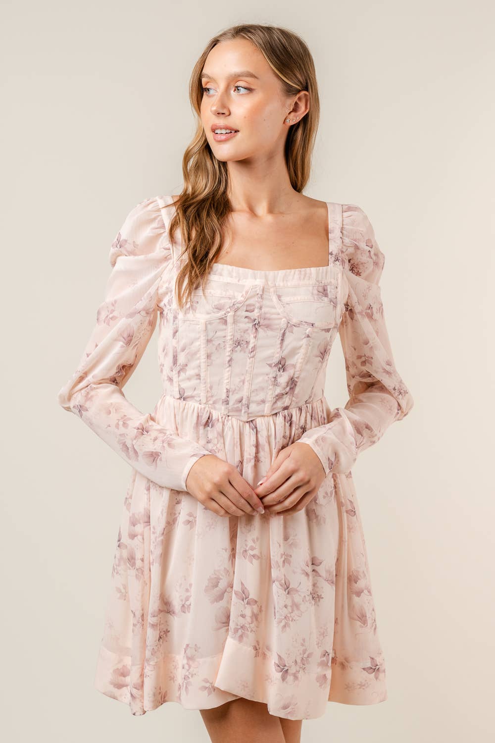 LT PEACH COQUETTE FLORAL PRINT CROSET BABYDOLL MINI DRESS-DI8432FO for wholesale on Faire0