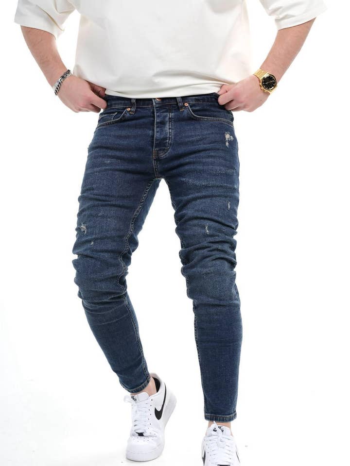 Heren distressed skinny fit donkerblauwe stretch jeans 0925C1512 voor wholesale door Monocloth