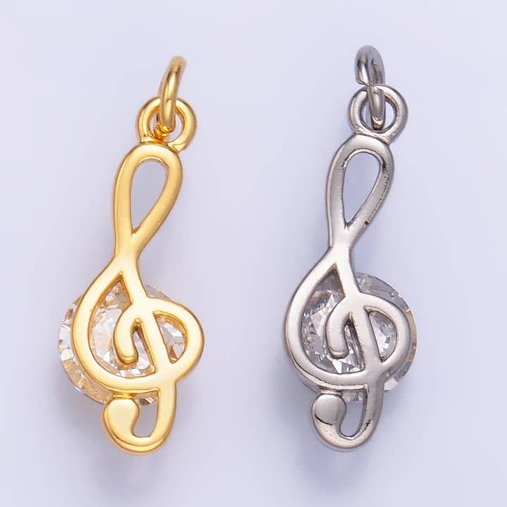 24K Gold Filled CZ Treble Clef Musical Note Charm in Gold & Silver | W890 for wholesale by Aim Eternal