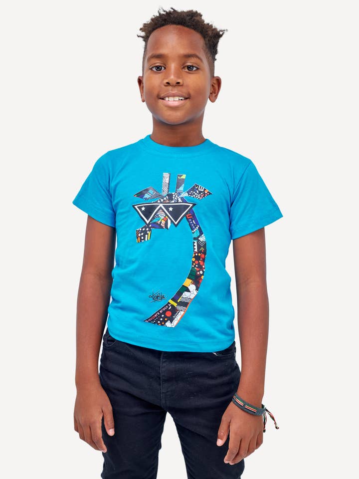 Kali Kids Ts: Petrol Blue with Twiga for wholesale by Kitu Kali