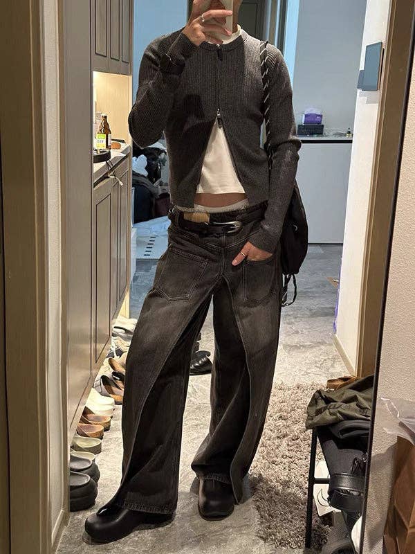 Sheer Trend - Wholesale Jeans - Women's - False Two Wide Leg Pockets Reversible Jean Pants Bottoms2