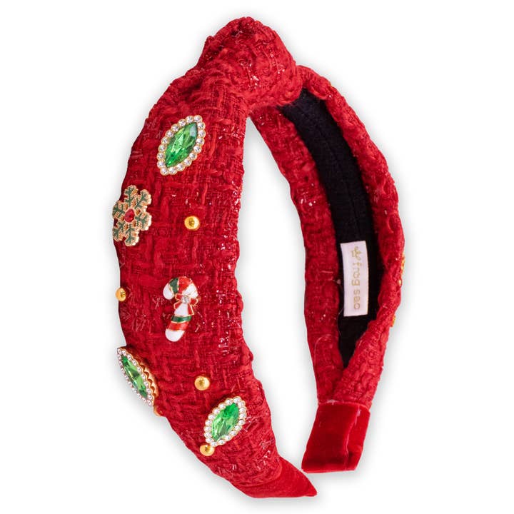 Frog Sac - Wholesale Fashion Headband - Kids - Embellished Christmas Knot Headband - Tweed Rhinestone Pearl