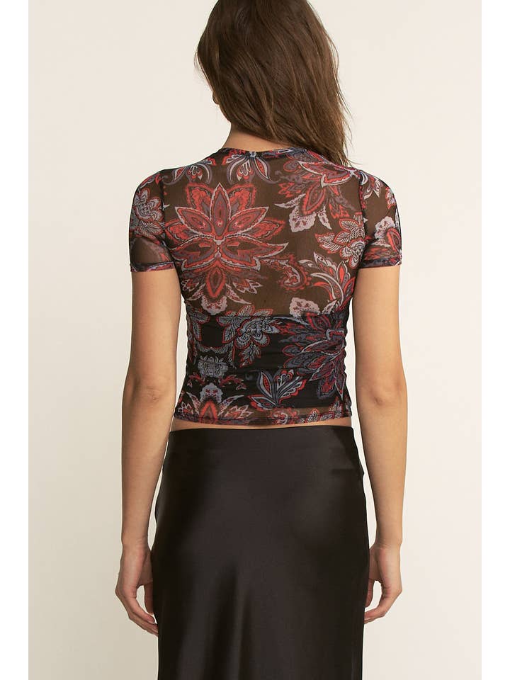 YNEZ - Wholesale Blouse - Women's - Boho Paisley Crew Neck Mesh Dressy Cocktail Top Tee26