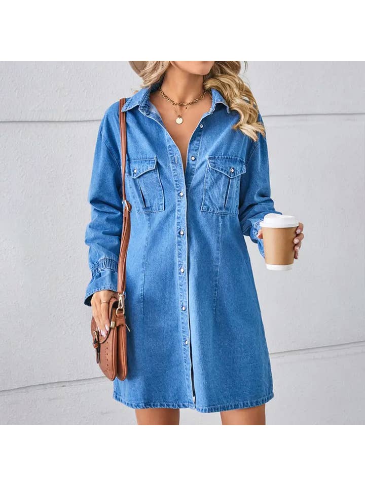 Lily Clothing - Wholesale Dress - Women's - BELL SLEEVE LOOSE CARDIGAN DENIM SHIRT DRESS_CWDSD2576