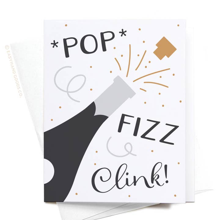 Pop Fizz Clink Champagne Greeting Card for wholesale by Easyhand Goods – formerly Onderkast