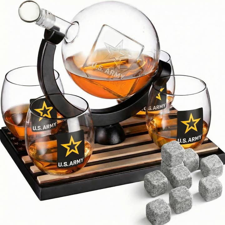 US Army Globe Whiskey Decanter Set with 4 Liquor Glasses for wholesale by The Wine Savant / Khen Glassware