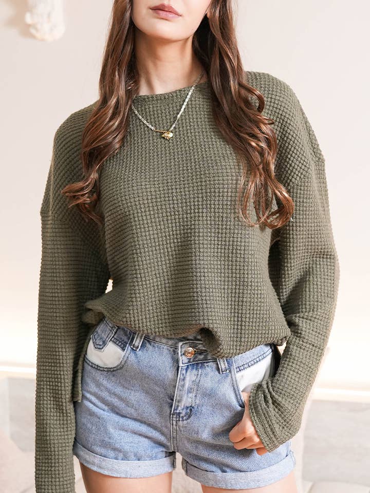 Waffle Knit Oversized Top with High Slits for Fall for wholesale by Lovesoft