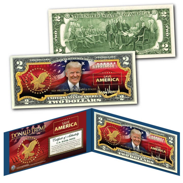Donald Trump * Rädda Amerika* Två dollar Bill - Äkta juridisk amerikansk valuta - skickas snabbt och gratis till USA! för wholesale av The Merrick Mint