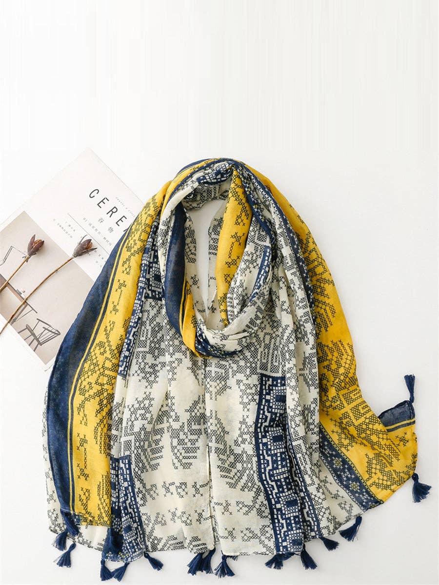 Beige Women Summer Artsy Colorblock Tassel Shawl Scarf for wholesale on Faire0