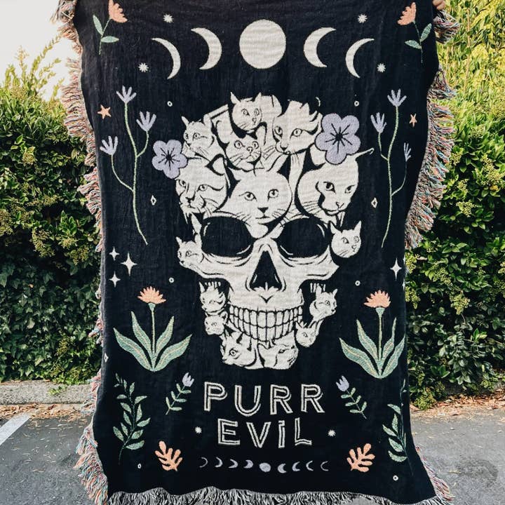 Relatable Basic - Wholesale Throw Blanket - Purr Evil Cat Skull Woven Throw Blanket Fringe Cotton