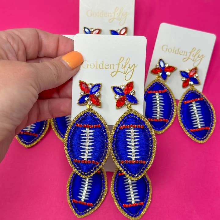 Game Day Football Dangle Earrings - Thread - Blue & Red for wholesale by Golden Lily