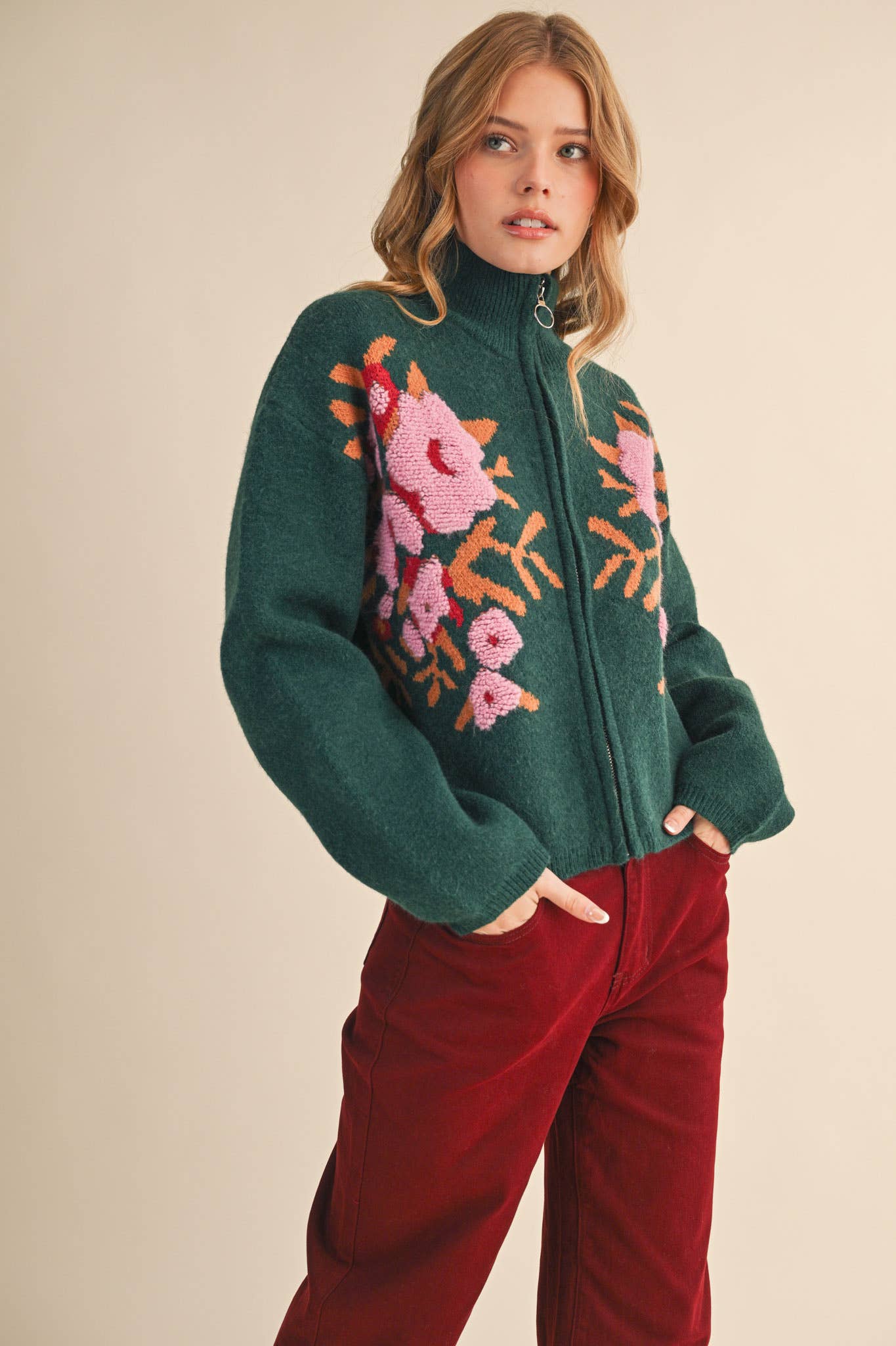 &MERCI - Wholesale Cardigan - Women's - FLORAL ZIP UP SWEATER CARDIGAN MSW1118855