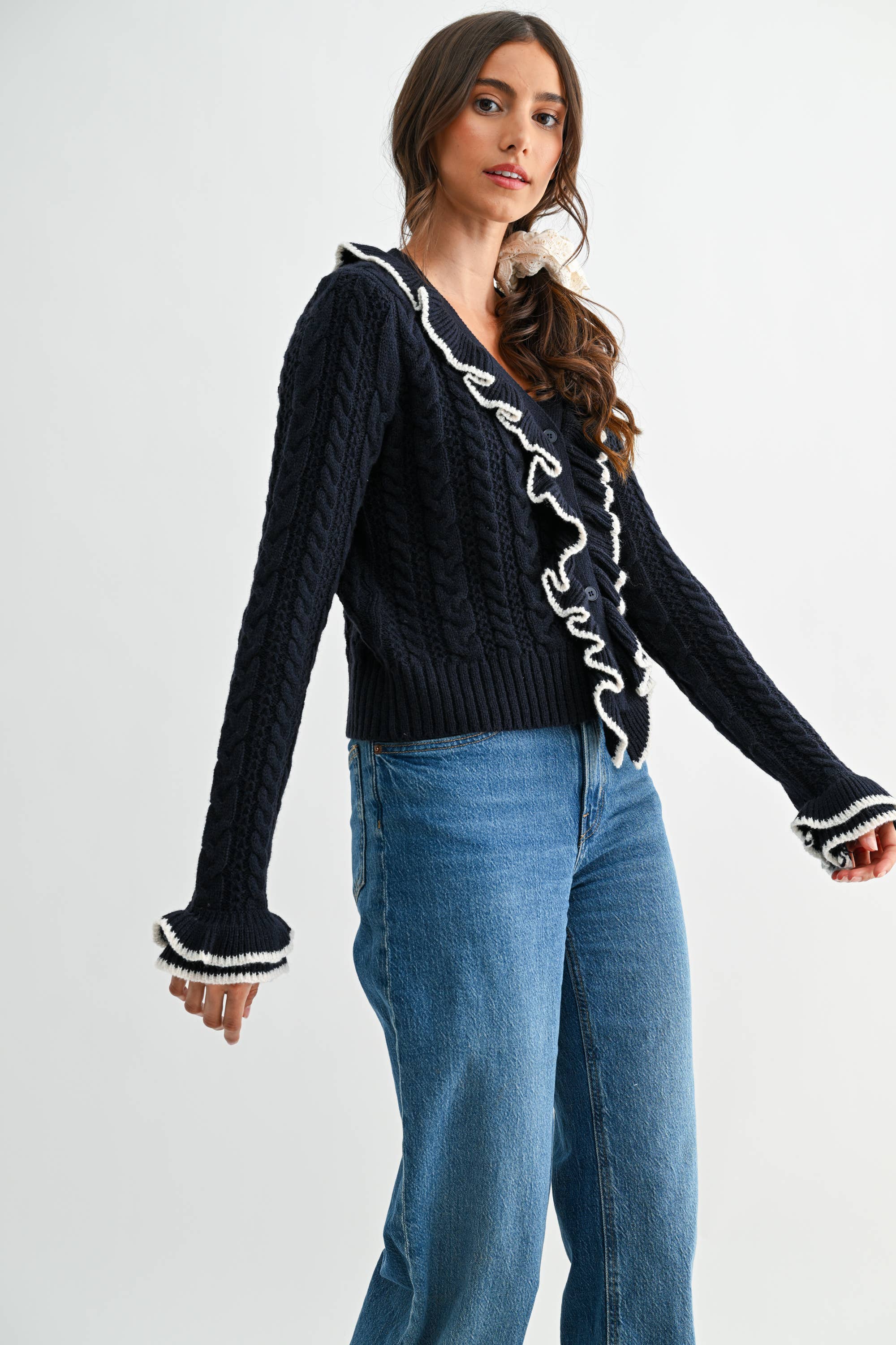 Camellia - Wholesale Cardigan - Women's - STYLIESH BLUE RUFFLED CARDIGAN14