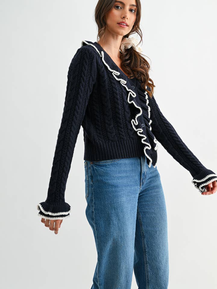 Camellia - Wholesale Cardigan - Women's - STYLIESH BLUE RUFFLED CARDIGAN14