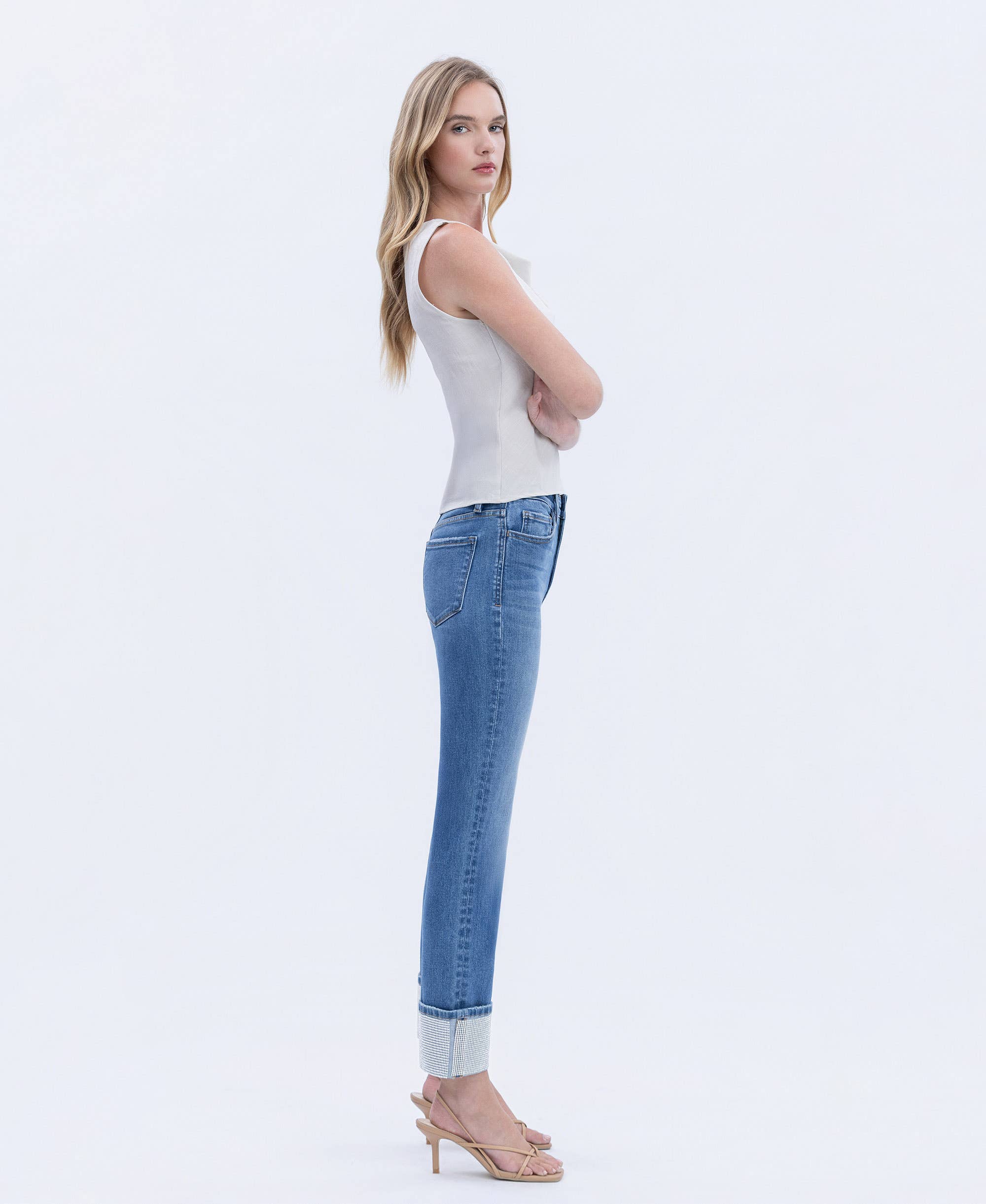 RADIANT DREAM HIGH RISE RHINESTONE CUFFED SLIM STRAIGHT JEANS T7004 for wholesale on Faire5