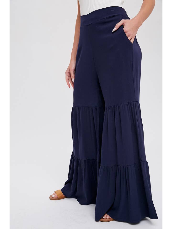 Bluivy - Wholesale Pants - Women's - TIERED RUFFLE HIGH WAISTED WIDE-LEG PANTS
