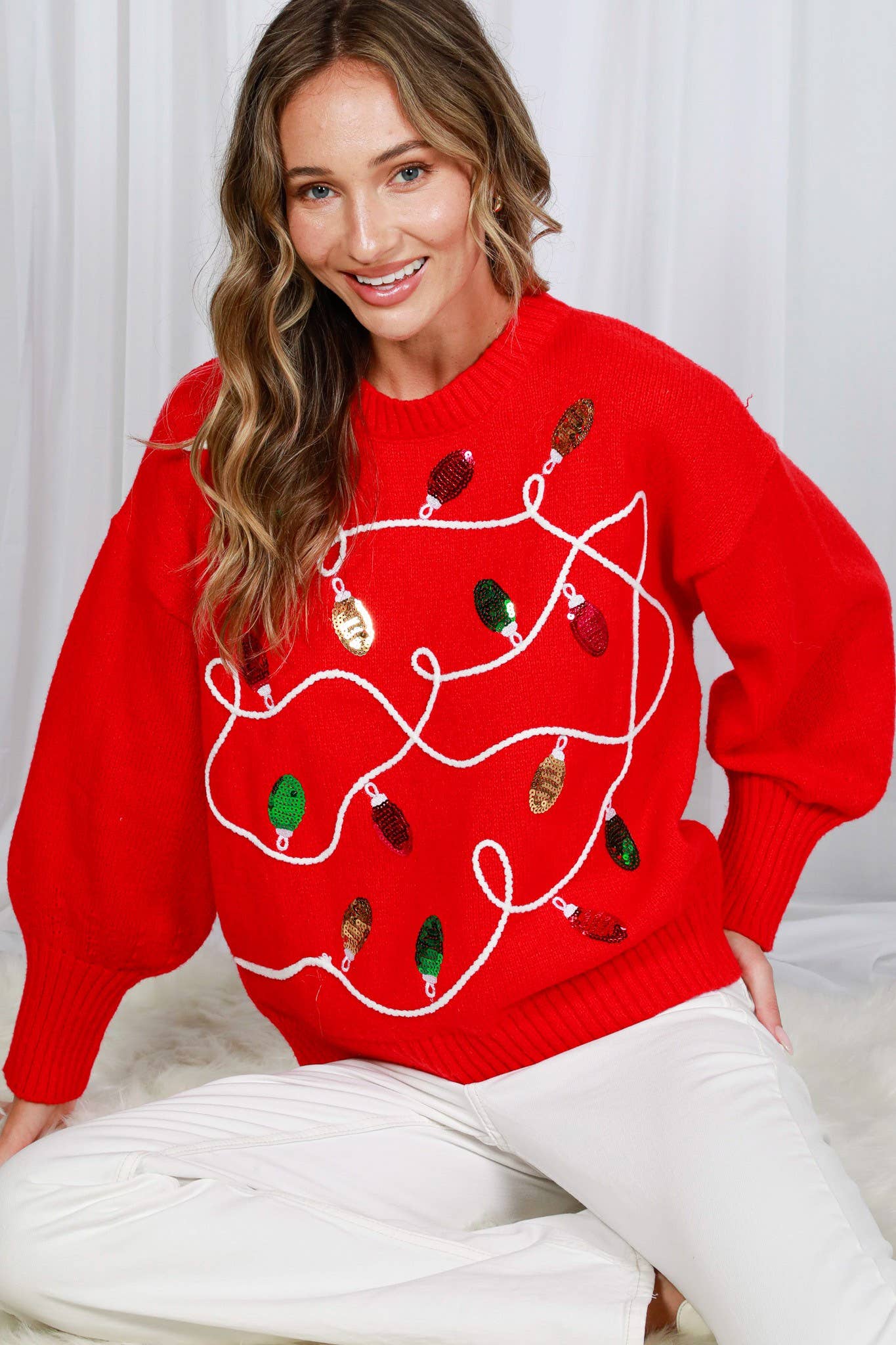 Vine & Love - Wholesale Knit Sweater - Women's - Colorful Christmas-Light Embellishment Cozy Sweater VT8225925