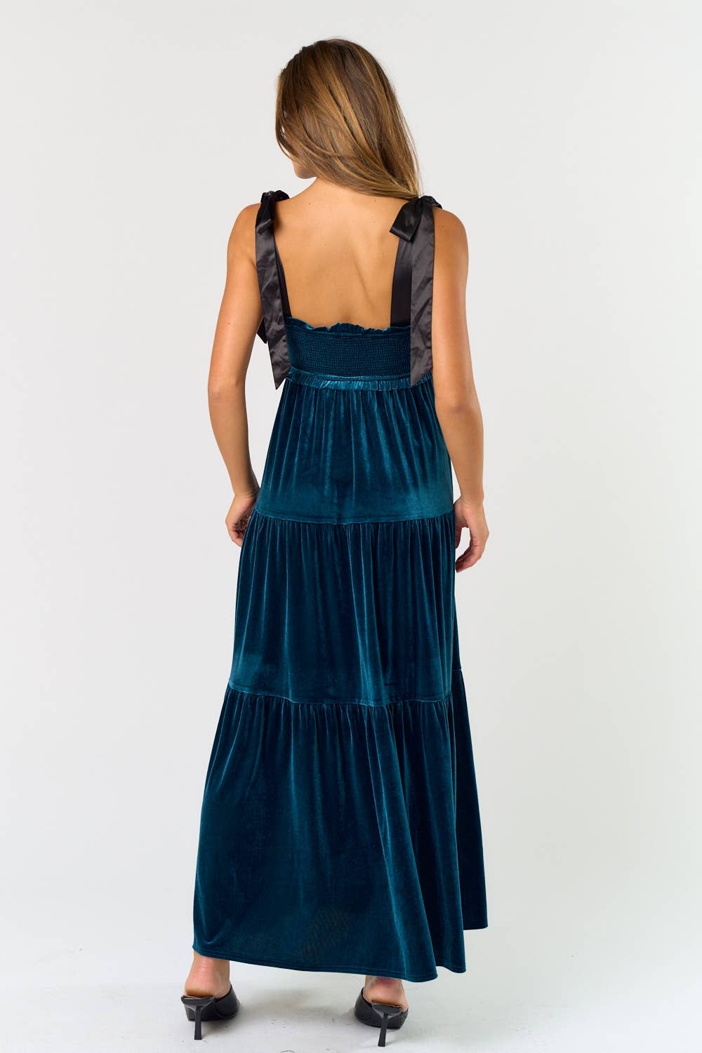 Lalavon - Wholesale Dress - Women's - ILD5094 VELVET SATIN BOW SHOULDER TIE MAXI DRESS 10