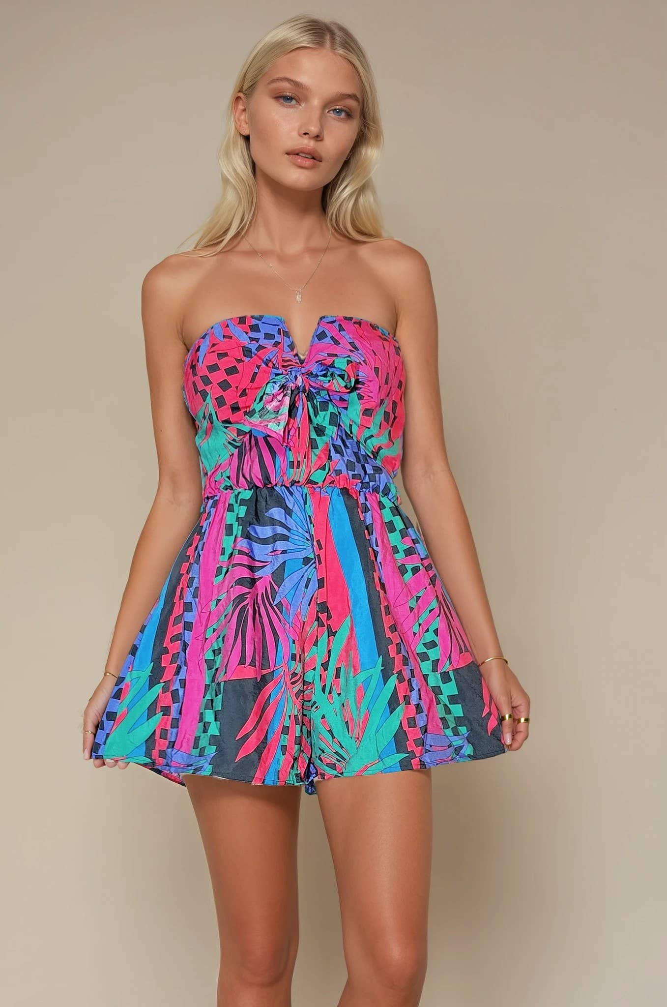 MULTI TROPICAL PRINT TIE FRONT TUBE ROMPER 4404RH for wholesale on Faire1