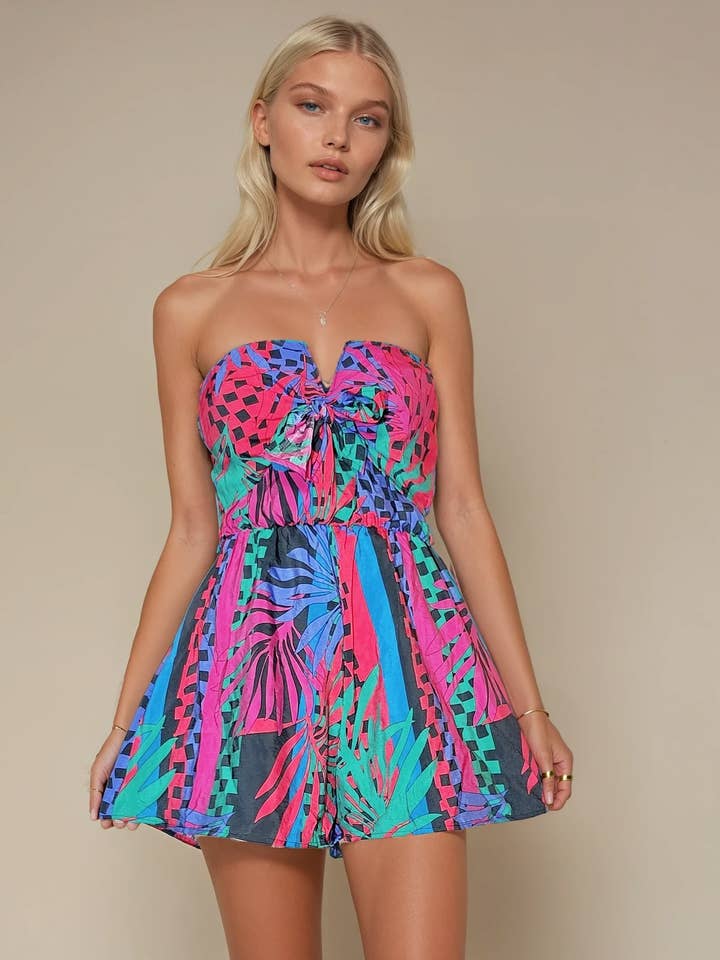 MULTI TROPICAL PRINT TIE FRONT TUBE ROMPER 4404RH for wholesale on Faire1