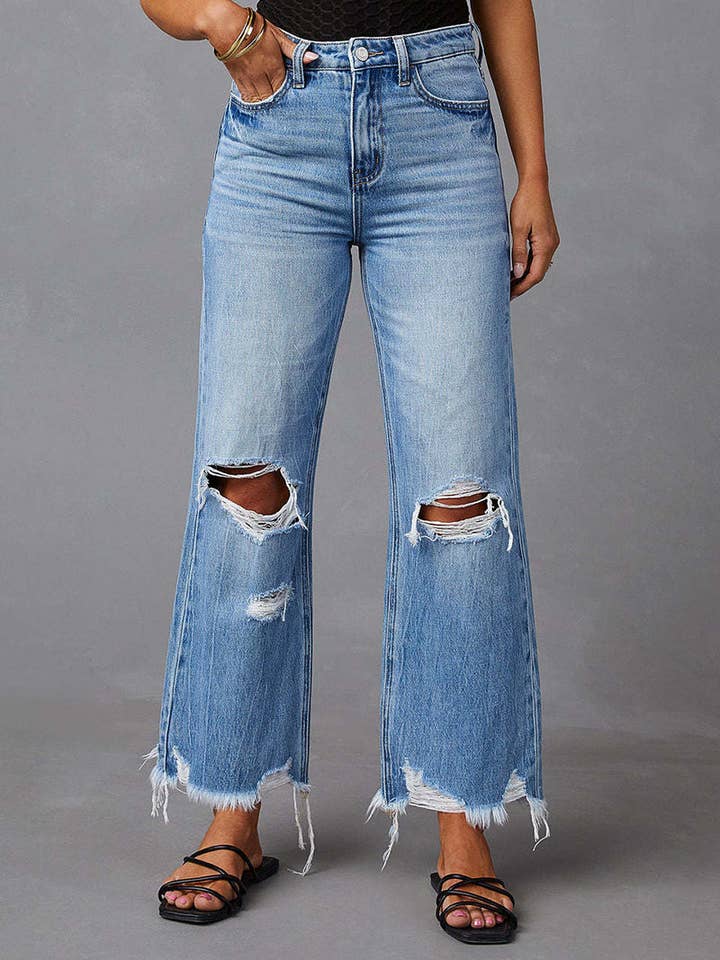BLUE Distressed Flared Jeans for wholesale on Faire