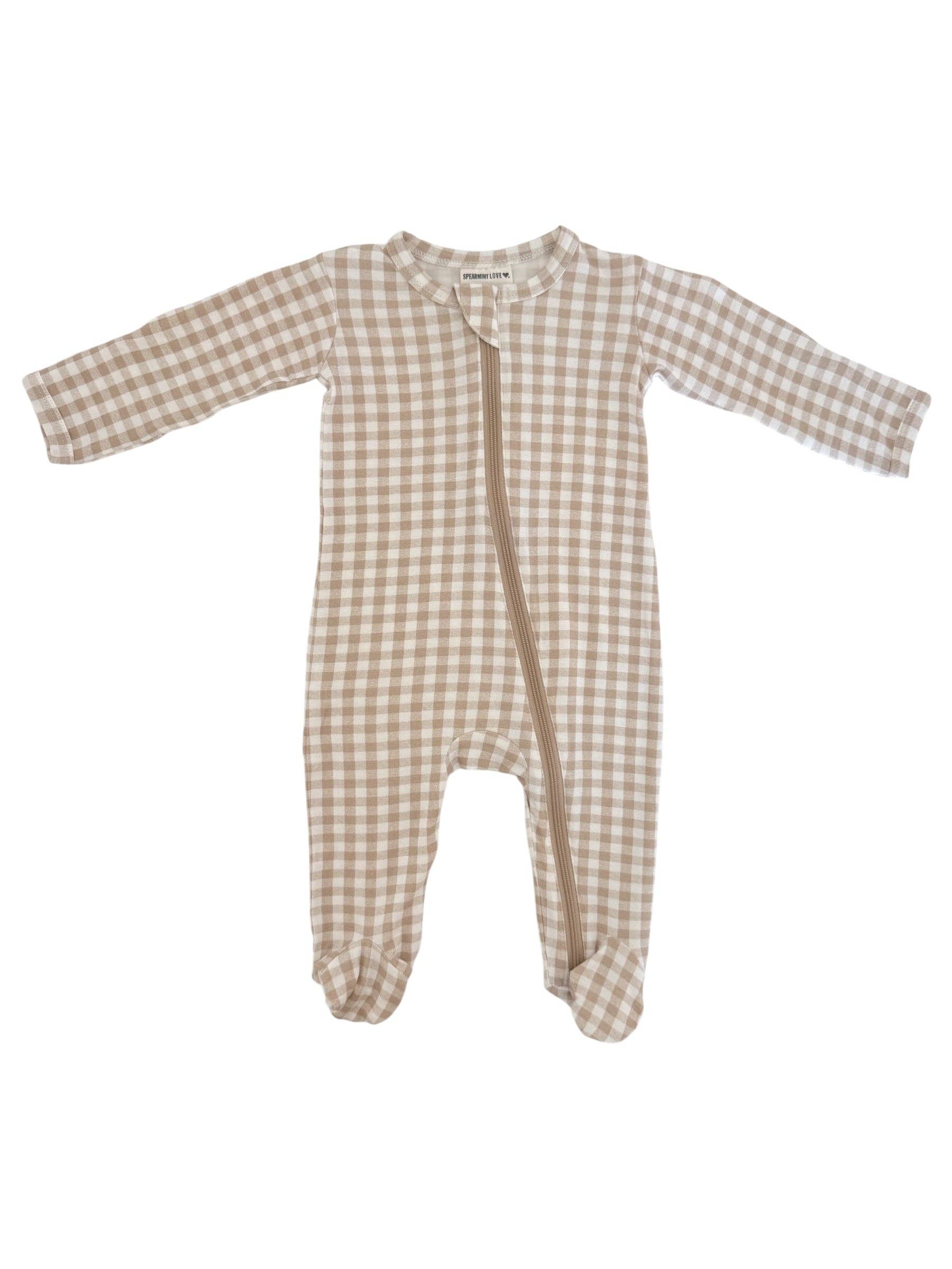 SpearmintLOVE - Vente Barboteuse – bébé - Pyjama à pieds à double fermeture éclair, Vichy beige1