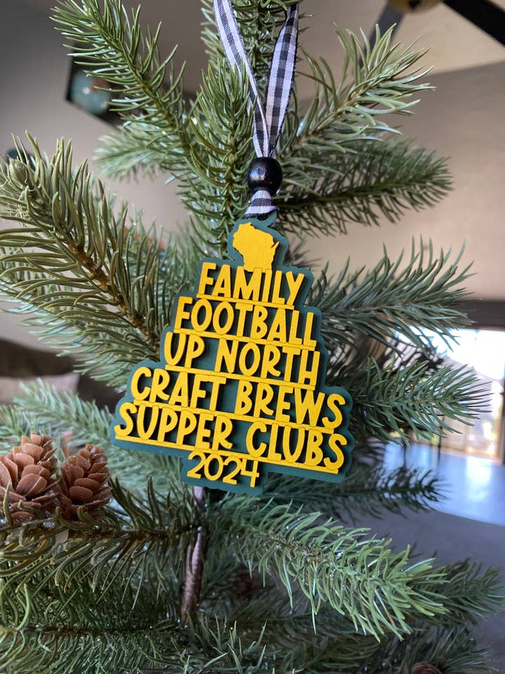 Handmade Wisconsin favorite things word ornament - green for wholesale by Novotny Designs