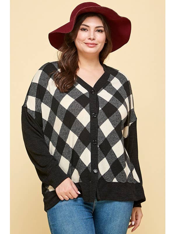 Emerald Collection - Wholesale Cardigan - Women's - ETK-8553-PL Plus Size Buffalo Plaid Knit Cardigan 1