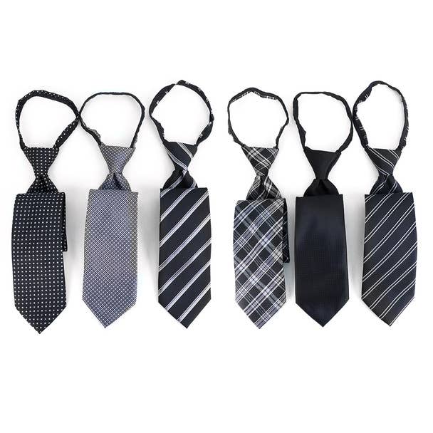 6pc Microfiber Classic Black Zipper Pre-Tied Neckties for wholesale by Selini New York
