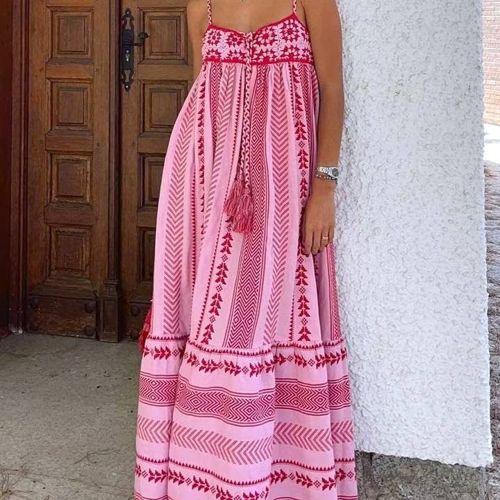 Pink Resort Crochet Stitching Printed Slip Dress for wholesale on Faire6