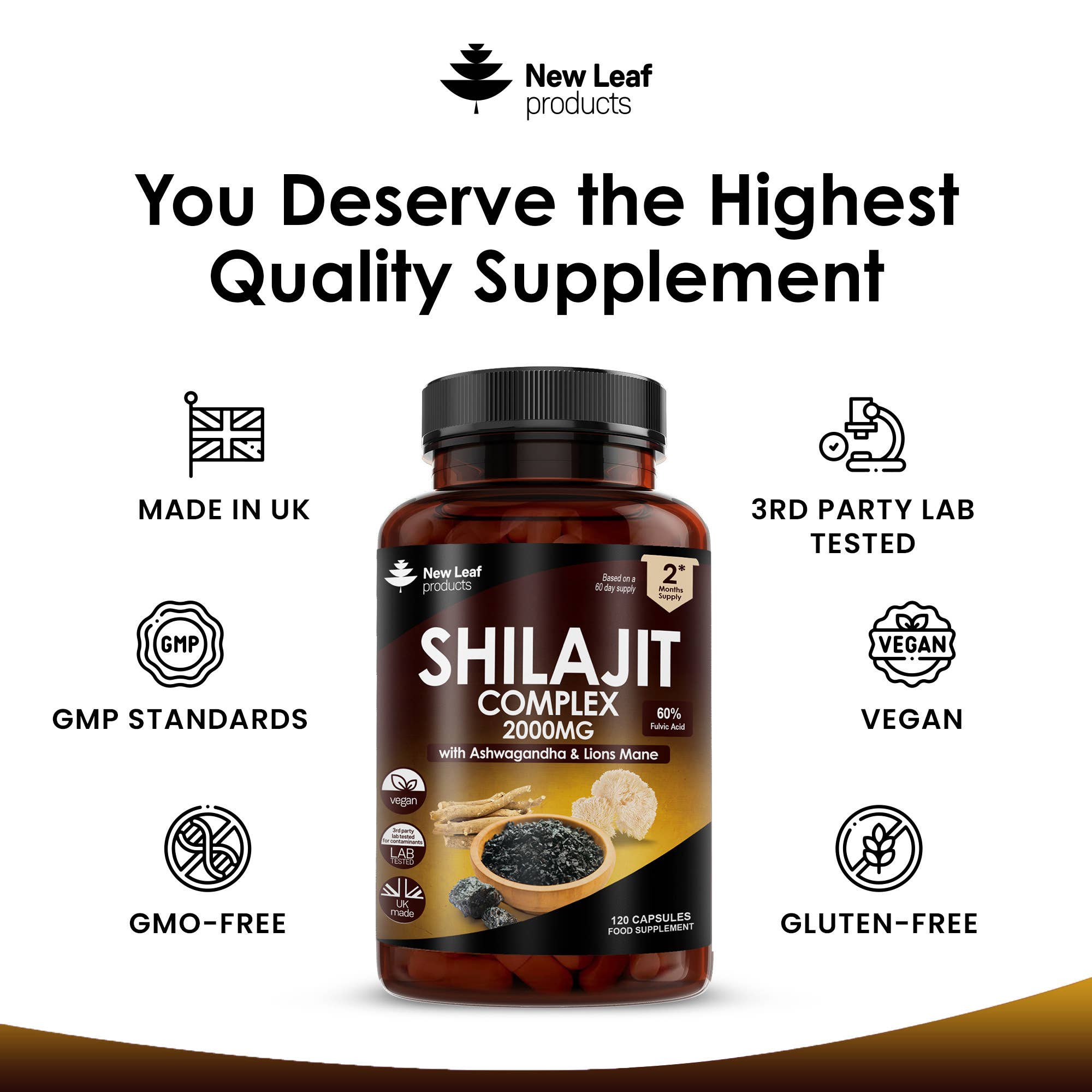 New Leaf products Ltd – wholesale Oral supplement/vitamin – Shilajit Complex + Ashwagandha & Lions Mane 2000mg Capsules3