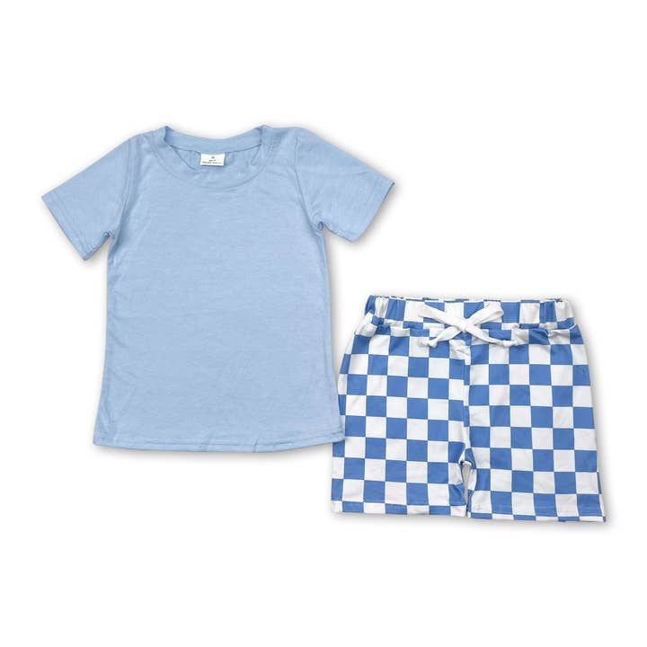 Tenue d'été pour garçons : haut bleu clair et short à carreaux. pour la vente par Yawoo Garments