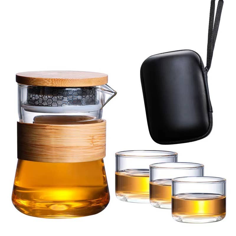 VIGOR - Wholesale Tea Set - Portable Travel Tea Set with Carrying Case Glass Teapot and 12