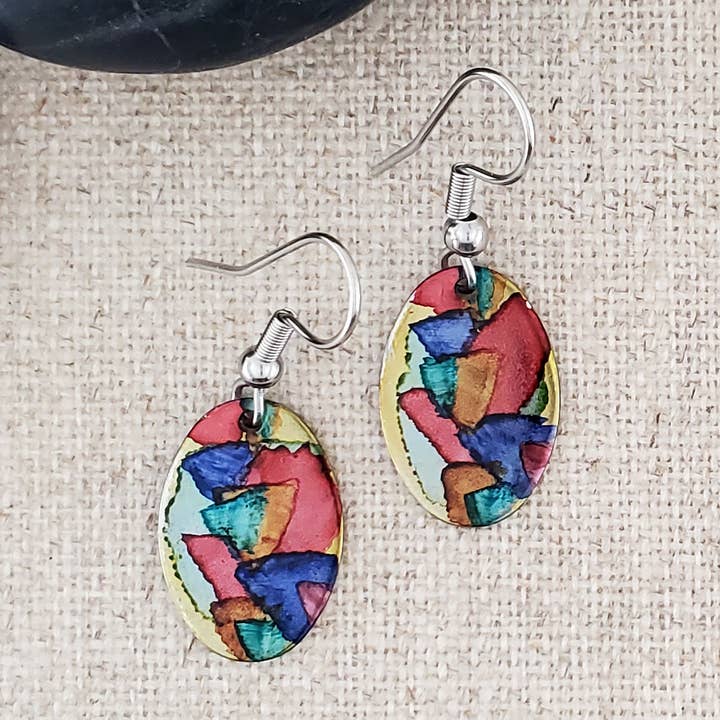 Covaly Artisan Jewelry - Wholesale Dangle Earrings - Alcohol Ink Stainless Steel Small Oval Earrings0