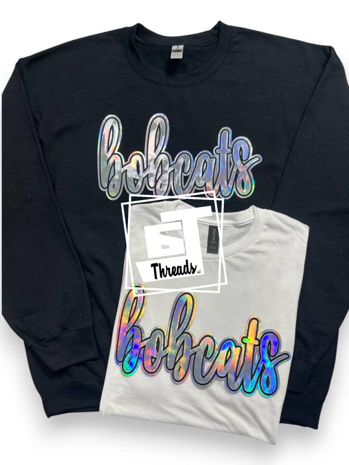 6j Threads LLC - Wholesale Graphic Sweatshirt - Women's - Silver Cursive Metallic Bobcats1