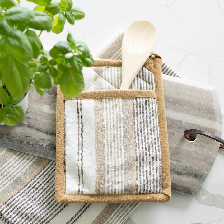 EZ 3 Piece Tan Stripe Kitchen Tea Towel & Pot Holder Set for wholesale by Howard's