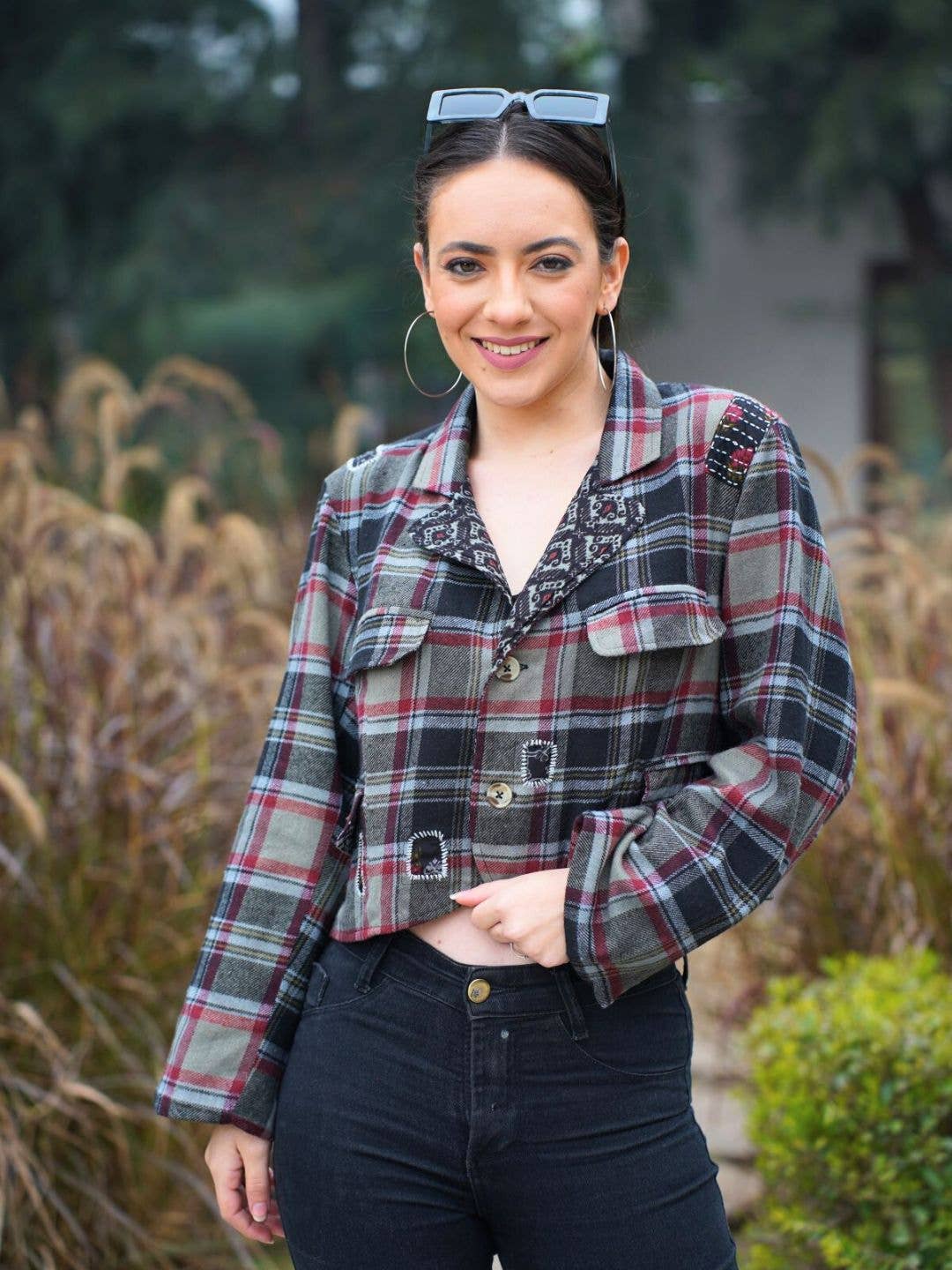 Patchwork Plaid Cropped Utility Jacket for wholesale on Faire0