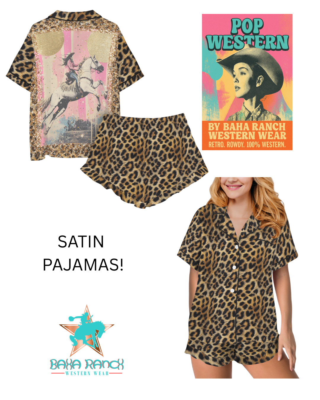 BAHA RANCH WESTERN WEAR - Wholesale Sleepwear Set - Women's - Baha Ranch Retro Pop Western Leopard Cowgirl Satin Pajamas5