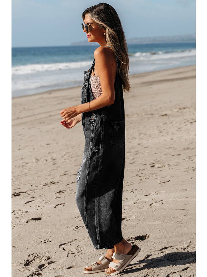 Little Daisy Closet - Wholesale Overalls - Women's - LDC Distressed Bib Pocket Wide Leg Denim Overall4